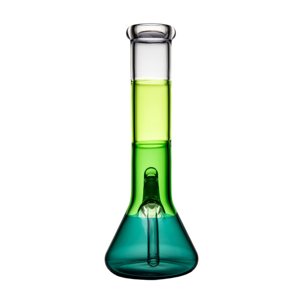 Rear view of BigFun! Canopy tricolor glass bong showing green neck, teal base and internal downstem