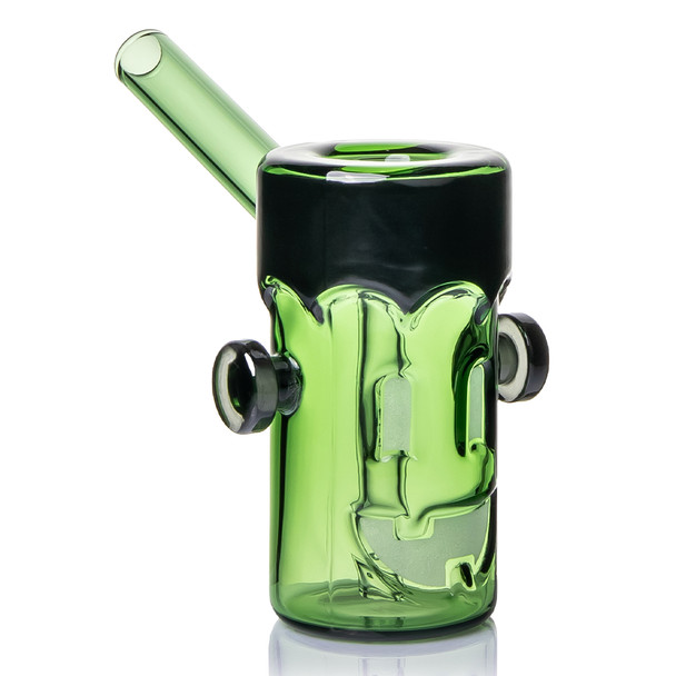 MJ Arsenal Frankenbubbler in green glass with black monster details, side bolts, angled mouthpiece, and face design