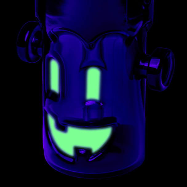 Angled UV view of MJ Arsenal Frankenbubbler with glowing green face, side bolts, and raised glass mouthpiece