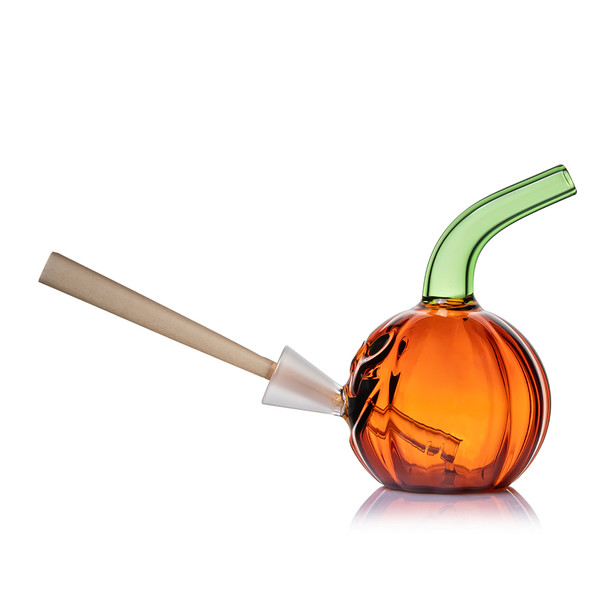 Side view of Jack O'Ripper pumpkin bubbler with a cone seated in the frosted opening and green mouthpiece