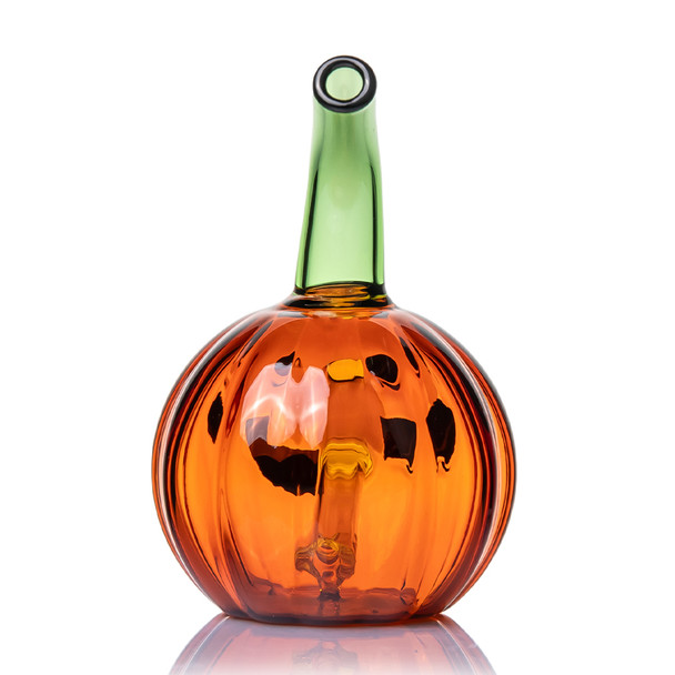 Rear view of orange Jack O'Ripper pumpkin bubbler showing internal glass stem and tall green curved mouthpiece