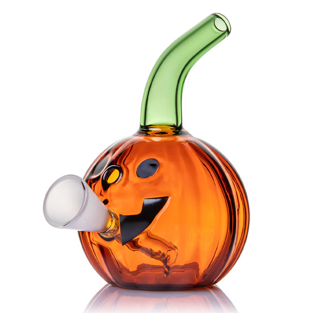Angled front view of Jack O'Ripper pumpkin bubbler with black jack-o'-lantern face and frosted cone opening