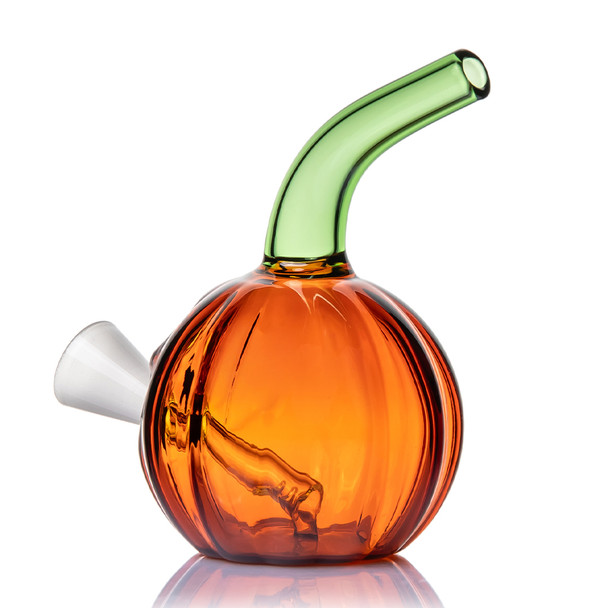 Side view of orange Jack O'Ripper pumpkin bubbler with green curved mouthpiece and frosted cone opening