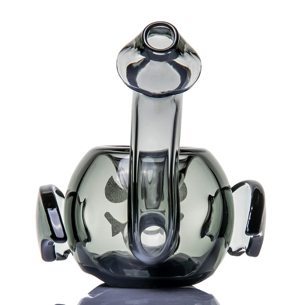 Rear view of MJ Arsenal Bud-Sucker glass hand pipe with tall curved mouthpiece and symmetrical sculpted side details