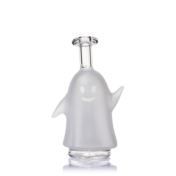Front view of MJ Arsenal Specter Peak Top with frosted ghost body, smiling face, clear mouthpiece, and raised arms