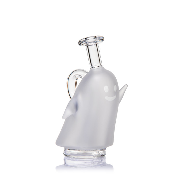 Angled front view of MJ Arsenal Specter Peak Top with frosted ghost body, smiling face, clear loop, and mouthpiece