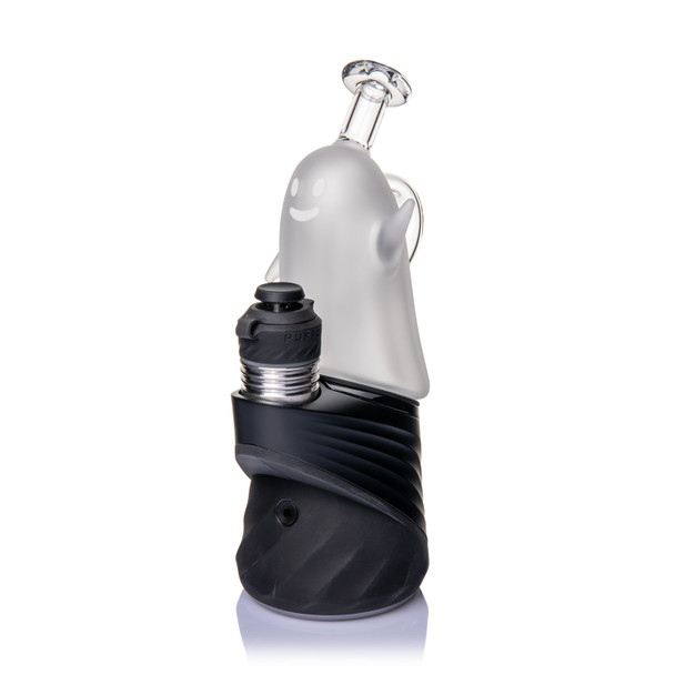 Front angled view of MJ Arsenal Specter Peak Top on a black Peak device with smiling ghost face and raised arms