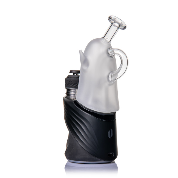Rear angled view of MJ Arsenal Specter Peak Top installed on a black Peak device, showing clear loop and frosted body