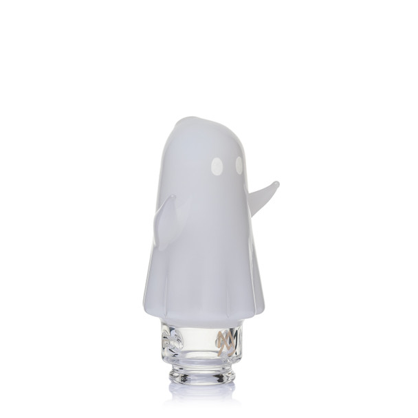 Three-quarter view of frosted MJ Arsenal Specter Pivot Top with ghost eyes, raised arms, and clear branded base