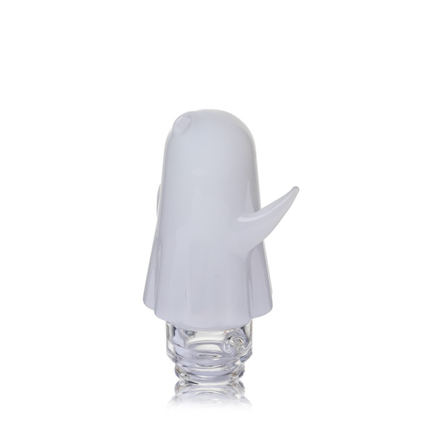 Rear angled view of MJ Arsenal Specter Pivot Top showing frosted ghost body, raised arm, and clear glass base