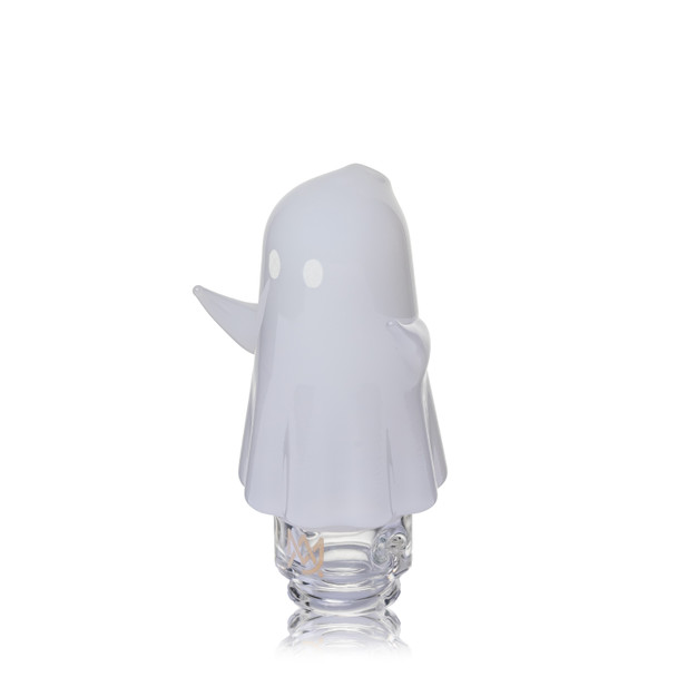 Angled view of MJ Arsenal Specter Pivot Top showing frosted ghost body, raised side arms, and clear glass base