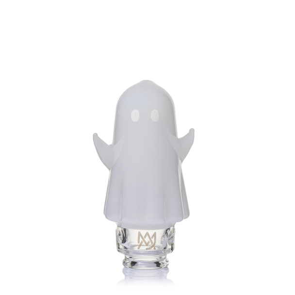 Front view of MJ Arsenal Specter Pivot Top with frosted ghost body, raised arms, white eyes, and clear branded base