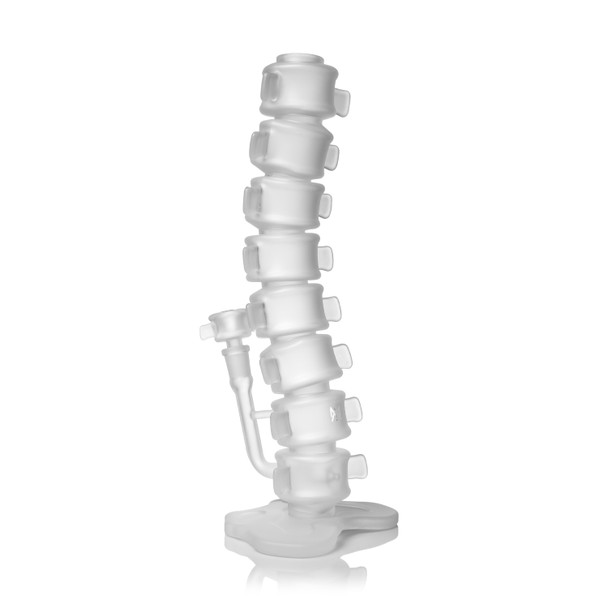 Three-quarter view of frosted MJ Arsenal Skele-Tube Spine Bong showing stacked spine design, matching bowl, and downstem