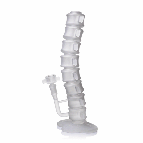 Rotating view of frosted MJ Arsenal Skele-Tube Spine Bong showing segmented spinal design, matching bowl, and shaped base