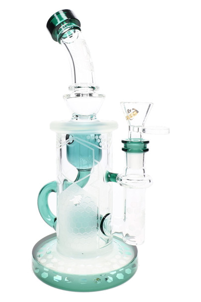 9.5" green 6B Glass honeycomb recycler water pipe with frosted bee design and barrel perc for smoke shop resale