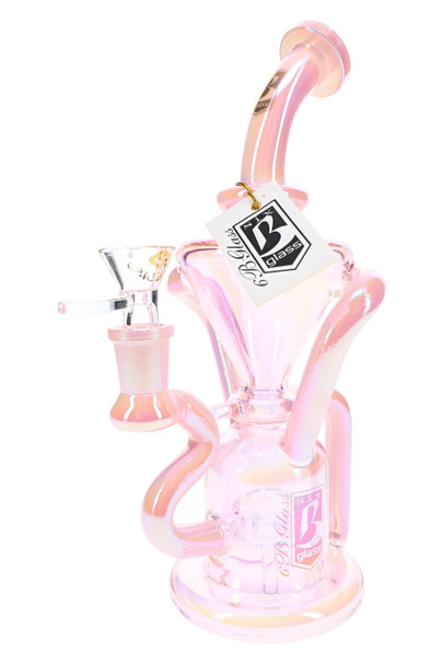 9" pink 6B Glass metallic recycler water pipe with curved neck and showerhead perc for smoke shop showcase display