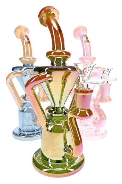 9" 6B Glass metallic recycler water pipes in pink, green and blue tones with showerhead percs for wholesale glass resale