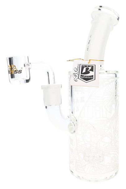 Rear angle of 8.5" 6B Glass Athena dab rig with frosted Greek detailing and clear banger for smoke shop displays