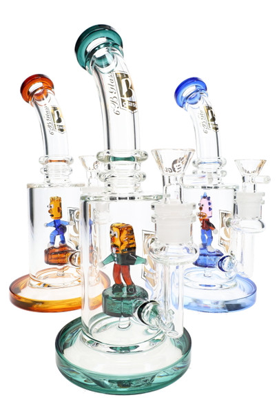 9" 6B Glass water pipes with green, amber and blue accents and character percs for wholesale glass displays