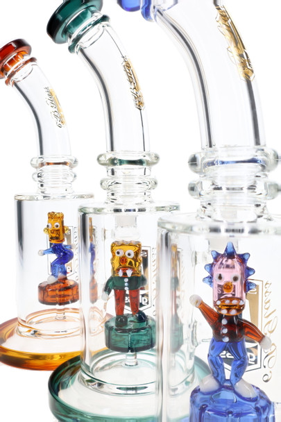Close-up of 9" 6B Glass water pipes with colorful sculpted clown percs for wholesale glass merchandising