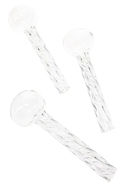 Three US-made 4" clear glass oil burner pipes with twisted stems and round chambers for wholesale smoke shop displays