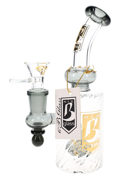 7" 6B Glass inner spiral water pipe with smoke gray accents, curved neck and clear bowl for retail glass showcases.
