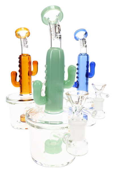 Three 8" 6B Glass cactus water pipes with green, amber and blue accents for wholesale smoke shop glass displays.