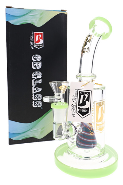8.5" green-accent 6B Glass water pipe with striped reverse cone perc and branded box for retail glass showcases.