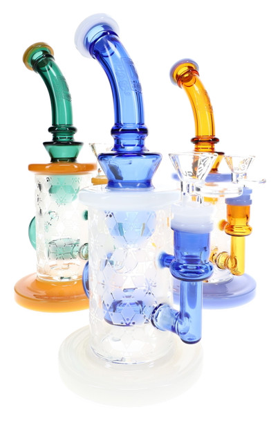 Three 9" 6B Glass snowflake recycler water pipes with multicolor accents for wholesale smoke shop glass displays.