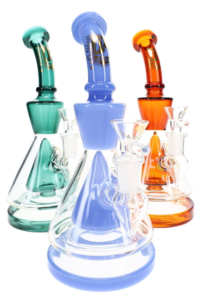 Three 9" 6B Glass water pipes with blue, green and orange cone percs for wholesale smoke shop glass displays.