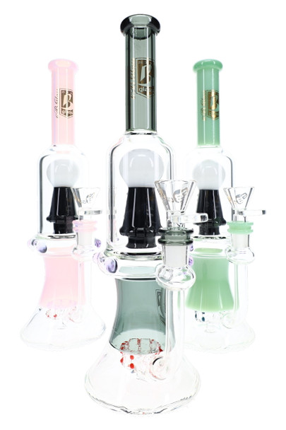 Three 11.5" 6B Glass water pipes with colored accents and skull showerhead percs for wholesale smoke shop displays.