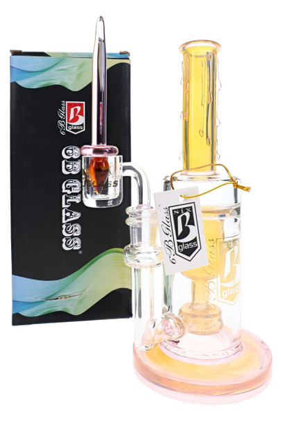 9" amber 6B Glass fumed dab rig with melted glass neck detail, banger and matching dab tool for retail glass showcases.