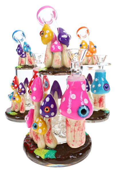 Three 8" 6B Glass mushroom water pipes with colorful eyeball resin accents for wholesale smoke shop showcases.