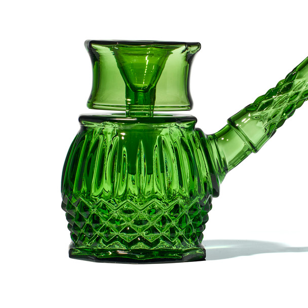 5" Emerald NWTN Highball bubbler side view showing ribbed glass body and textured neck for head-shop displays.