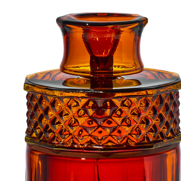 Front close-up of amber NWTN Highball glass gravity bong with diamond-textured band for wholesale smoke shop displays.