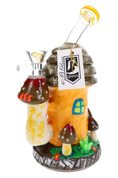 Side view of a 6B Glass mushroom hut water pipe with yellow mouthpiece rim, clear bowl and branded hang tag.