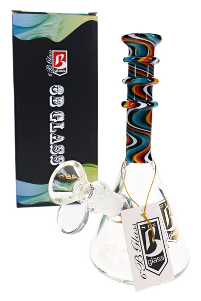 6B Glass beaker water pipe with a multicolored swirl neck, clear bowl and branded hang tag beside a matching box.
