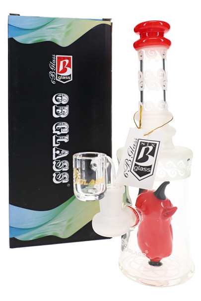Red-accented 6B Glass frosted demon perc dab rig beside a branded box, with a clear bucket attachment pictured