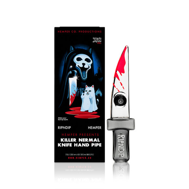 RIPNDIP x Hemper Killer Nermal Knife glass hand pipe beside its illustrated black retail box