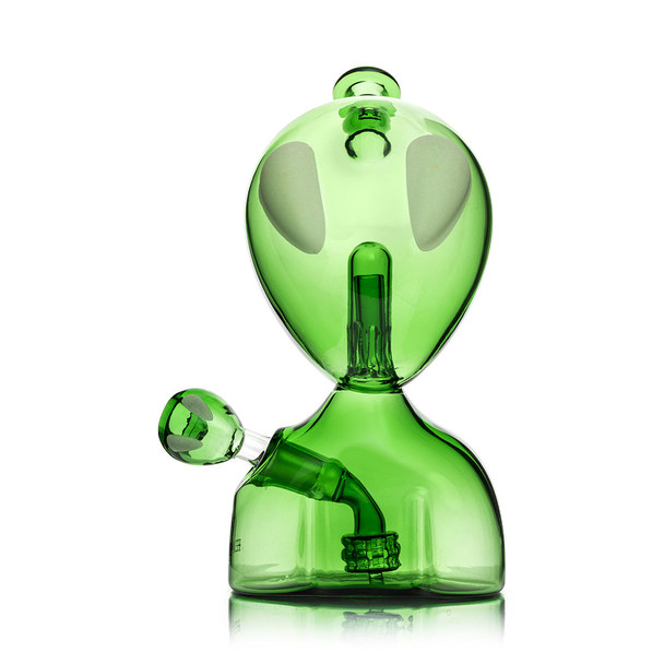 Front view of Hemper Alien XL green glass water pipe with large oval eyes and two chambers