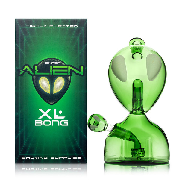 Hemper Alien XL green glass water pipe beside its matching black-and-green Alien XL retail box