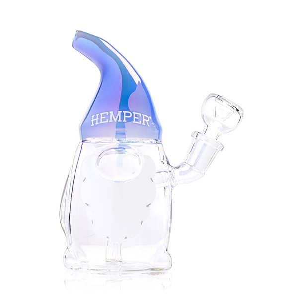Front view of Hemper Trippy Gnome glass water pipe showing its blue pointed hat, rounded nose and white beard