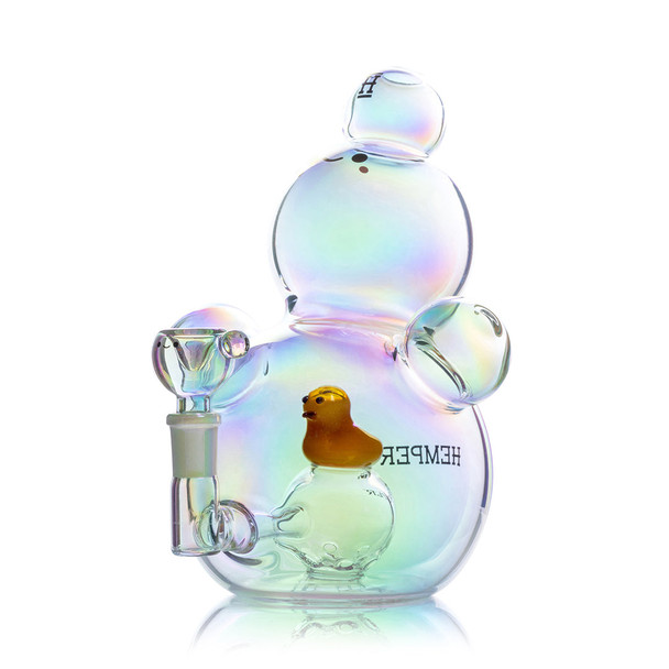 Angled close view of Hemper Bubble XL with smiling Bubble bowl, yellow duck and rainbow sheen.