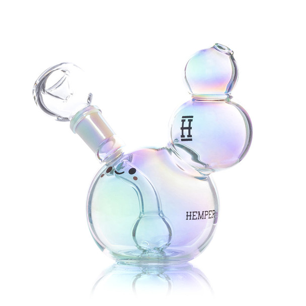 Three-quarter view of Hemper Bubble water pipe with clear bowl, face decal and iridescent finish.