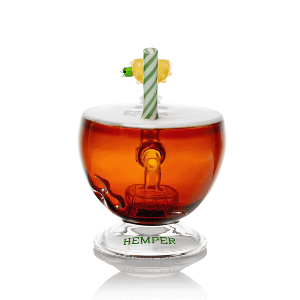 Rear view of Hemper Pina Colada XL showing the striped straw, internal showerhead perc and clear pedestal.