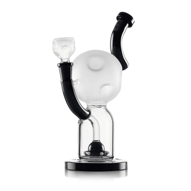 Angled view of Hemper Moon XL glass water pipe with frosted cratered chamber and matching bowl