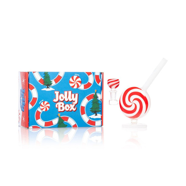 Hemper Jollypop bong and retail box, with red-and-white swirl decoration and a matching striped bowl.