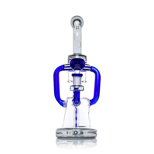 Front view of the Blue Hemper Cyberpunk XL glass recycler water pipe with colored tubes and curved neck