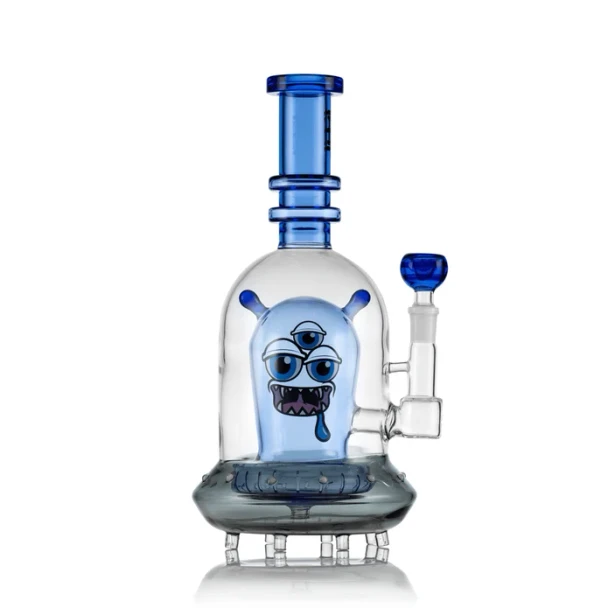 Blue Hemper Space Monster XL water pipe showing the three-eyed monster face and raised UFO-shaped base