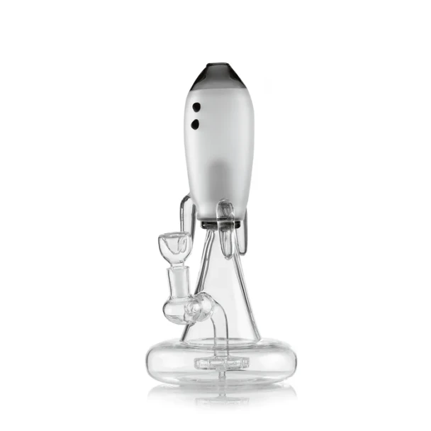 Black Hemper Blast Off Rocket XL glass water pipe with frosted rocket chamber and clear bowl, angled view